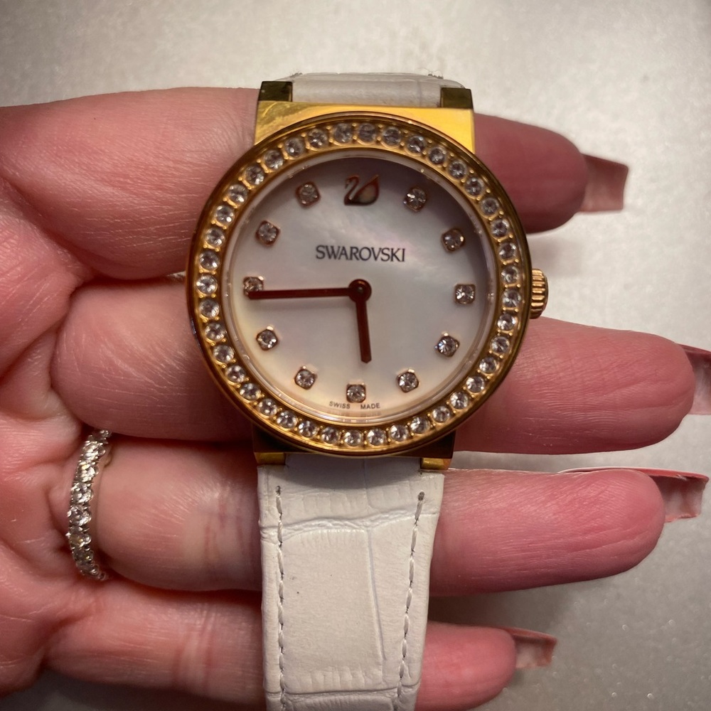 Swarovski Mother of Pearl Rose Gold and white leather banded watch